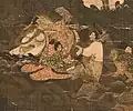 Details of the Water-Moon Avalokiteshvara painting shows a group of nobles (possibly the donors) dress in court clothing, Goryeo.