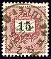 Marcă poștală emisă, în 1881, de seviciile Poștei Regale Maghiare, cu valoarea nominală de 15 creițari și obliterată la Szeged în 1895