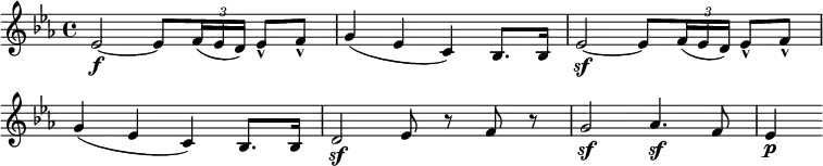 \relative c' {
\override TupletBracket #'stencil = ##f
\override Score.BarNumber #'stencil = ##f
\key es \major
es2~\f es8 \times 2/3 { f16( es d) } es8-^ f-^ |
g4( es c) bes8. bes16 |
es2~\sf es8 \times 2/3 { f16( es d) } es8-^ f-^ |
g4( es c) bes8. bes16 |
d2\sf es8 r f r |
g2\sf as4.\sf f8 |
es4\p
}