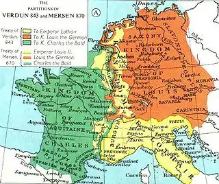 Imperiul Francilor după tratatele de la Verdun și Meerssen.