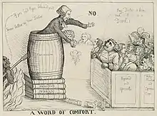 Caricature of a man preaching out of a barrel labeled „Fanaticism”, stacked up on books labeled „Priestley's works” to a crowd, while the devil sneaks up on him.