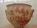 "Vaza cu luptători", un crater(d) pictat descoperit de Schliemann la Micene, într-o casă de pe Acropole, 1200–1100 î.Hr.