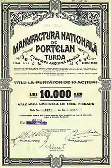 Acţiune cu valoarea nominală de 10.000 lei, emisă în martie 1939, de Manufactura Naţională de Porţelan Turda
