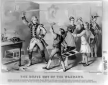 Sketch of a soldier preparing to strike a boy with a sword. The boy holds out his arm in self-defense.