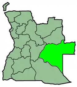 Harta provinciei Moxico în cadrul Angolei