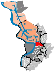 Cartierele Eilandje și Dam (cu culoare roșie)pe harta orașului Antwerpen