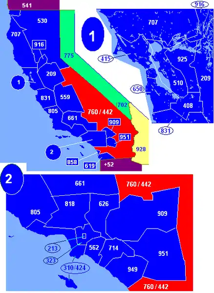 Map of California area codes in blue (and border states) with 760 in red