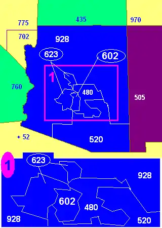 Map of Arizona area codes in blue (and border states)