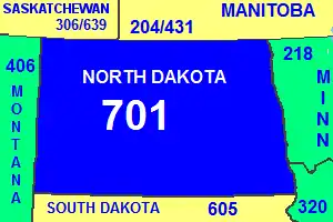 Map of North Dakota area code in blue (with border states and provinces)