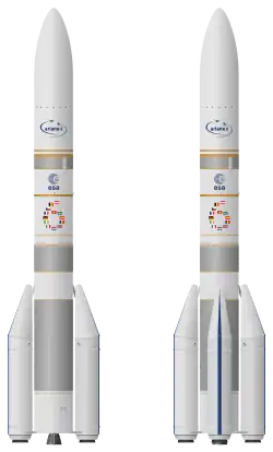Ilustrație a celor două variante Ariane 6 planificate, A62 (stânga) și A64 (dreapta)