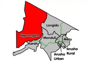 Localizarea Districtului Ngorongoro  în cadrul Regiunii Arusha