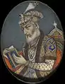 Împăratul Mughal Aurangzeb purtând un turban și podoabele sale.