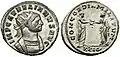 Monedă romană emisă sub Aurelian, născut la Sirmium, în 214; avers: IMP C AVRELIANVS AVG, cap cu coroană radială, bust cu platoșă, spre dreapta; revers: CONCORDIA MILITVM; XXIC, în exergă