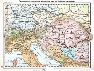 Austro-Ungaria cu Cisleithania (galben), Transleithania (roz) și Bosnia-Herțegovina (portocaliu), în D.H. Lange: Volksschul-Atlas. 1899