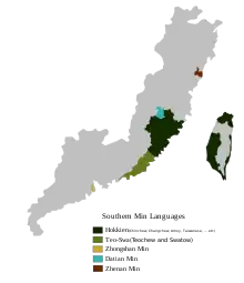 Distribuția dialectelor pe insula Taiwan, alături de limba oficială chineză mandarină