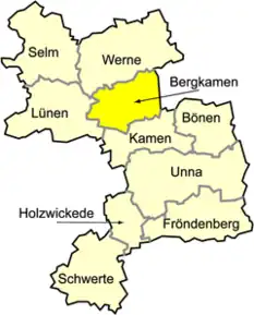 Poziția oraș Bergkamen pe harta districtului Unna