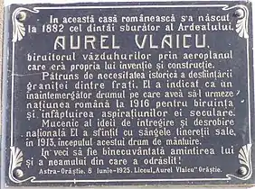 Placa commemorativă la casa memorială Aurel Vlaicu