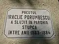 Placă de marmură care atestă că pr. Iraclie Porumbescu a slujit în Parohia Stupca între 1863-1865.