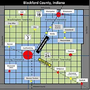 Poziția districtului Washington în comitatul Blackford este în partea sa de nord-vest
