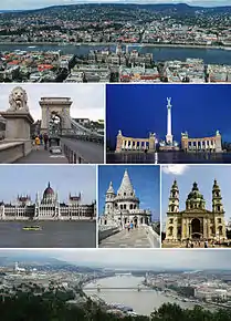 Podul cu lanțuri noaptea, în fundal Palatul Budei