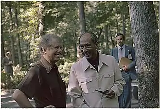 Jimmy Carter se întâlnește cu președintele Egiptului, Anwar Sadat, la începutul negocierilor de pace de la Camp David din 1978.