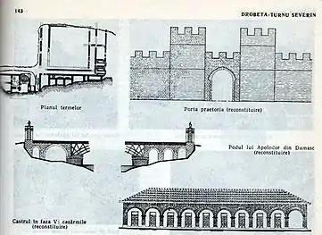 Planul termelor, Poarta praetoria (reconstituire), Podul lui Apolodor din Damasc, Castrul Drobeta în faza a V-a: cazărmile (reconstituire)