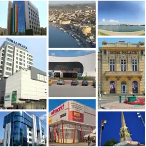 Primul rând: Sediul Consiliului Județean, panorama aeriană, lacul Ciuperca. Al doilea rând: Coral Plaza, Gara din Tulcea, MGM Palace. Al treilea rând: Sediul Tribunalului, Winmarkt, Monumentul Eroilor din Războiul de Independență