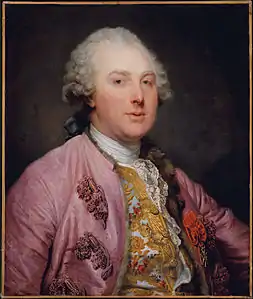 Contele  d'Angiviller de Jean-Baptiste Greuze, ca.1763. Rozul era purtat de ambele sexe.