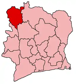 Harta districtului Denguélé în cadrul statului Coasta de Fildeș