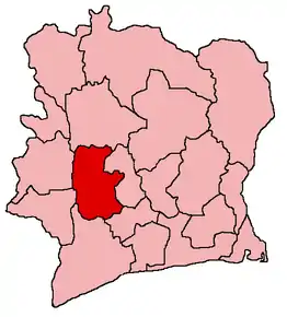 Harta districtului Haut-Sassandra în cadrul statului Coasta de Fildeș