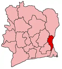 Harta districtului Moyen-Comoé în cadrul statului Coasta de Fildeș