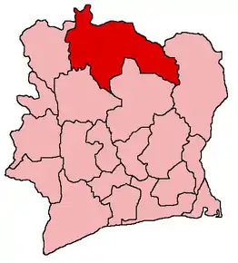 Harta districtului Savanes în cadrul statului Coasta de Fildeș