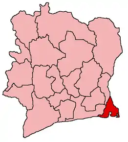 Harta districtului Sud-Comoé în cadrul statului Coasta de Fildeș