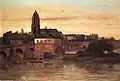 Blick auf Frankfurt am Main mit der Alten Brücke von Sachsenhausen her (Privire spre Frankfurt cu Podul Vechi, văzute din cartierul Sachsenhausen), de Gustave Courbet, 1858