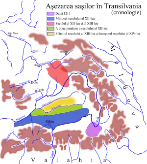 Cronologia așezării sașilor în Transilvania pe zone geografice, de la mijlocul secolului al XII-lea până la începutul secolului al XIV-lea