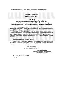 Decizie Prim Ministru numire Radu Petru Serban comisar Expo energia viitorului 2016