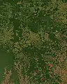 NASA satellite observation of deforestation in the Mato Grosso state of Brazil. The transformation from forest to farm is evident by the paler square shaped areas under development.