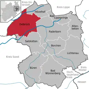 Poziția orașului Delbrück pe harta districtului Paderborn