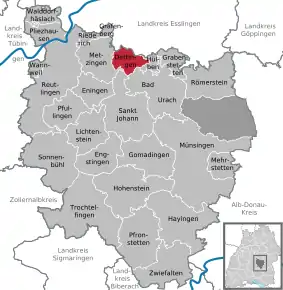 Poziția  Dettingen an der Erms pe harta districtului Reutlingen