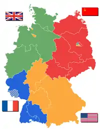 Zonele aliate de ocupație din Germania în 1946, după schimbarea granițelor în est. Regiunea Saar (hașurată), aflată în zona franceză de ocupație, a devenit protectorat și nu a fost reincorporat în RFG până în 1957. Germania Răsăriteană istorică, care nu apare pe această hartă, a fost anexată de Polonia și URSS.
