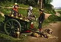 Imagine înfăţişând vânzători ambulanţi de lapte dintr-un sat belgian; şareta este tractată de câine, circa 1890 - 1900