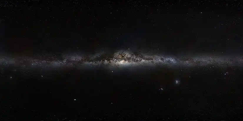 360-degree panorama view of the Milky Way (an assembled mosaic of photographs) by ESO, the galactic centre is in the middle of the view, with galactic north up