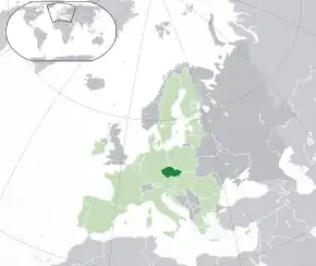 Amplasarea Cehiei (verde închis)– pe continentul european (verde deschis și gri închis)– în cadrul Uniunii Europene (verde deschis)