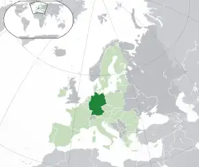 Localizarea &nbsp;Germaniei&nbsp;&nbsp;(verde închis)–&nbsp;pe continentul european&nbsp;&nbsp;(verde deschis și&nbsp;gri închis)–&nbsp;în Uniunea Europeană&nbsp;&nbsp;(verde deschis)&nbsp; —&nbsp; [Legendă]