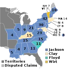 A map of the 1832 presidential election. Blue states were won by Jackson.