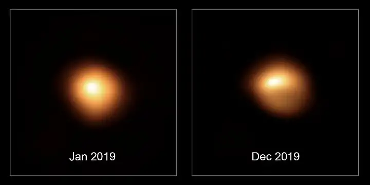 Imaginile lui Betelgeuse în ianuarie și decembrie 2019, luate cu Very Large Telescope al European Southern Observatory.