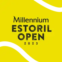 The logo of the Estoril open 2023; the text reads "Millenium Estoril Open 2023", the background of the image is yellow, with 2 white lines, around the corners
