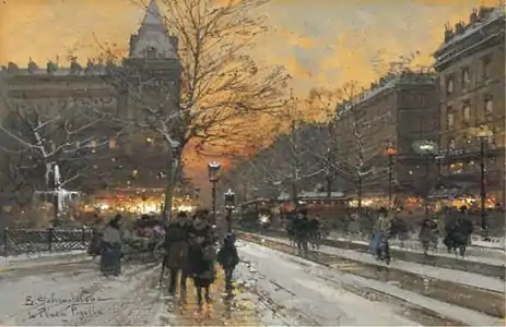 Pictura Place Pigalle (aprox. 1910) atribuită lui Eugène Galien-Laloue, locație necunoscută.