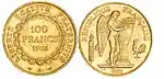 100 franci aur, 1906, gravor Augustin Dupré; revers, circular: LIBERTÉ ÉGALITÉ FRATERNITÉ, cunună de ramuri de stejar; în centru, pe trei rânduri: 1oo / FRANCS / 1906; avers: circular, RÉPUBLIQUE FRANÇAISE, în centru, Geniul Franței scrie, pe două rânduri CONSTI- / TUTION, pe o placă așezată pe o coloană; un mănunchi de fascii, în stânga coloanei și un cocoș spre stânga, în dreapta coloanei.