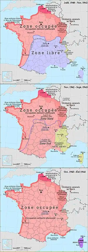Zonele de ocupație din Franța – Germană (cu roz) și italiană (cu verde)Zona ocupată, zona liberă, zoan interzisă și Alsacia și Lorena anexate.